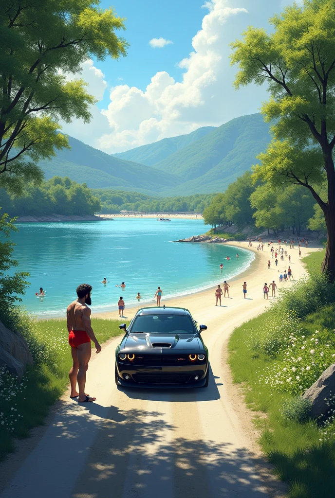 Black car stopped at the end of a paved road that ends in a large lake with water on all sides, panoramic view, lots of green and white sand beach with lots of people. Strong hairy bearded man in red underwear next to car.