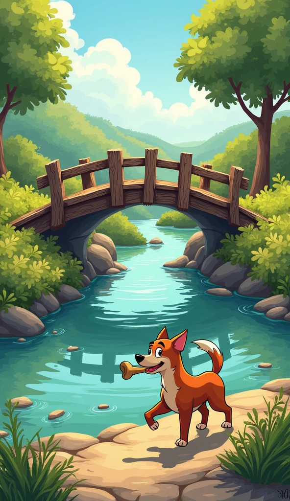 The dog approaches a small, wooden bridge over a gently flowing river, carrying the bone in his mouth.
Show a dog but should not be fat or child.
Show as cartoons