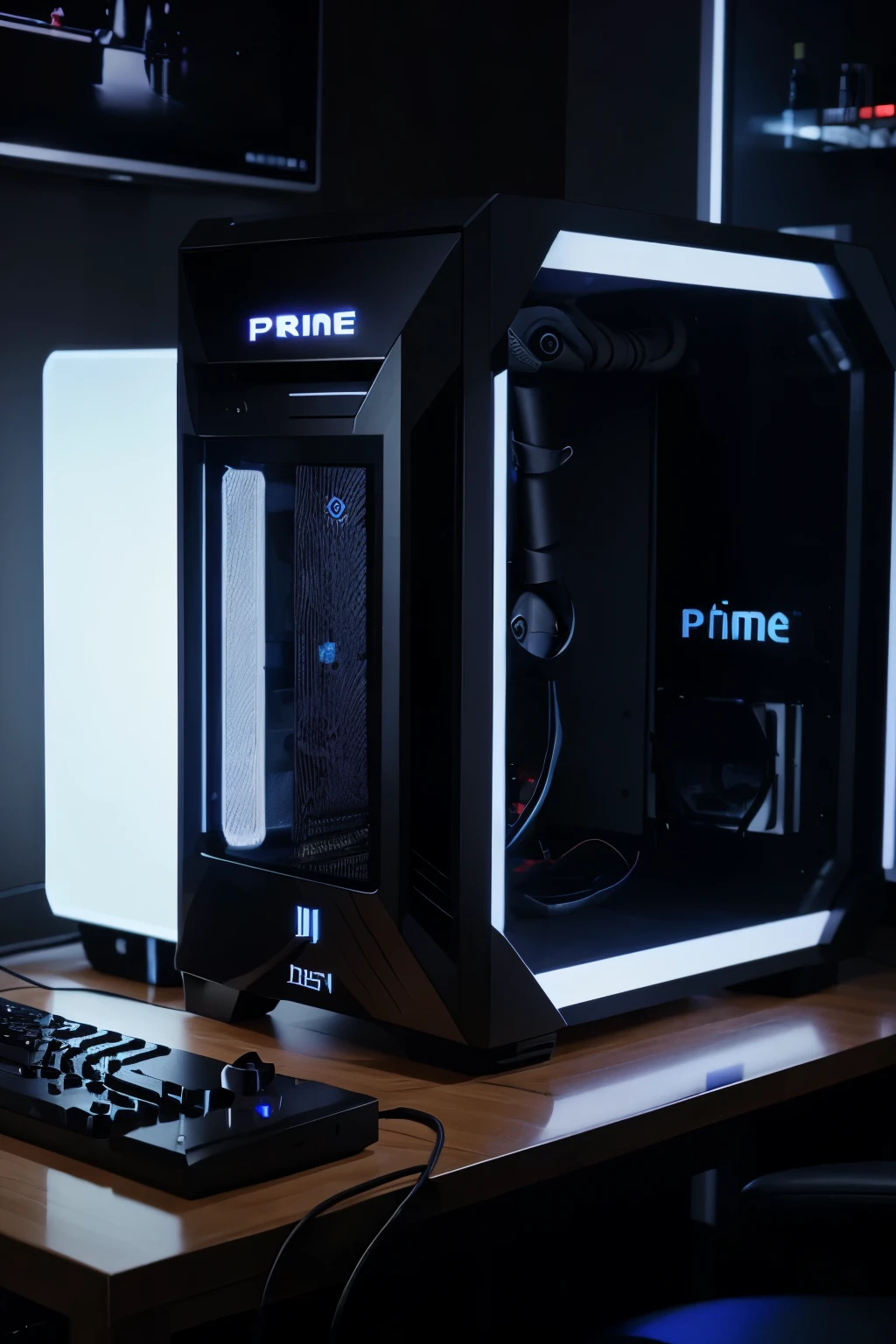 A gaming pc with a bottle of prime next to it.