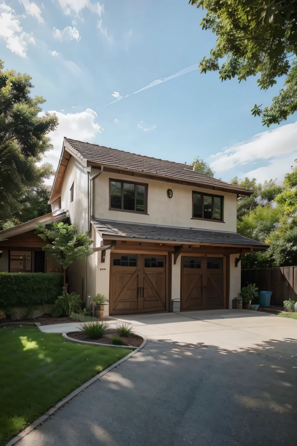 Generate a highly realistic image of a modern two-story house with large windows, a sloped roof, and a well-maintained front yard. The exterior should feature a mix of stone and wood accents, with greenery and a paved driveway leading to a garage. The house is surrounded by a lush lawn and has a few trees in the background. The lighting is natural, as if on a sunny day, with shadows adding depth to the scene