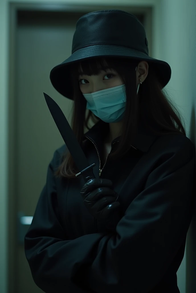 Korean Girls, (behind , surgical mask), Holding a knife, It feels like a stabbing pain, Black gloves, room , Black Raincoat, Bucket hat, Holding a knife, Black gloves, behind , Long Bangs, At the hotel, Black wetsuit, night, mass murderer, killer, robbery, Dark atmosphere, Cinema Lighting, Atmospheric and realistic, close,