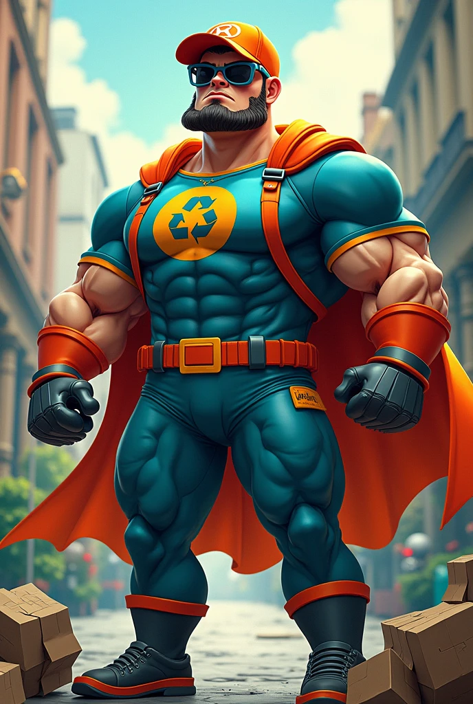 Recifit is a muscular character with a superhero appearance. He has an athletic build and an imposing height.. Wear a garbage collector suit with a modern and colorful design, with a recycling logo on the chest. He has sunglasses and a cap to complete his look..
Football Mascot Style ⁴