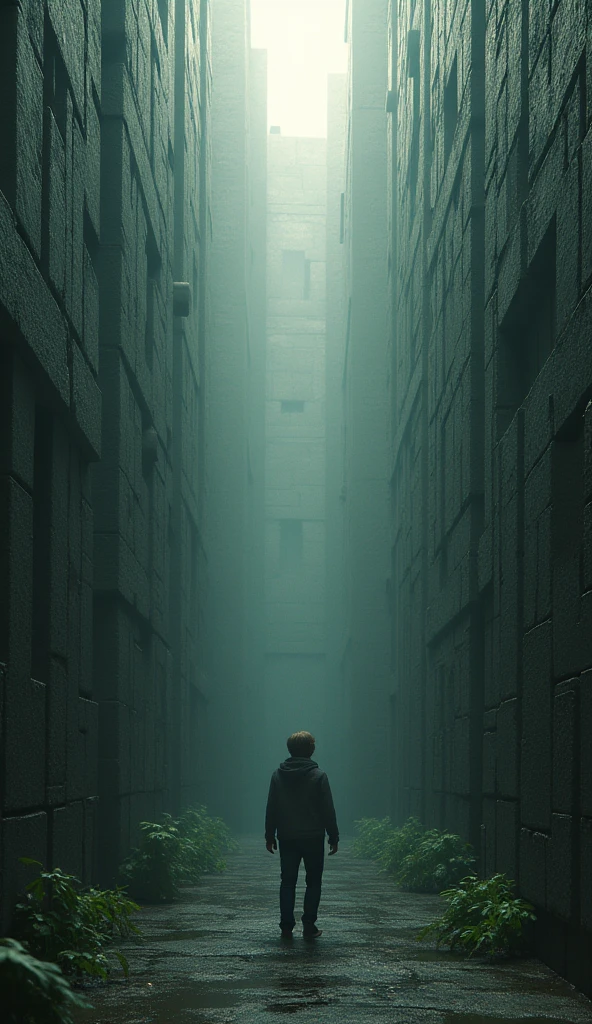  A person surrounded by high walls in a maze-like structure, looking up with determination as they find a path forward, symbolizing how difficulties make them stronger.