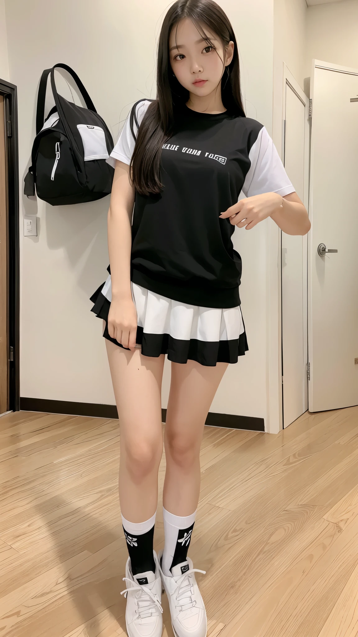 High school girls　Badminton Club　
Front of face　Medium long black socks　White sneakers and a black shirt with white stripes　White Skirt