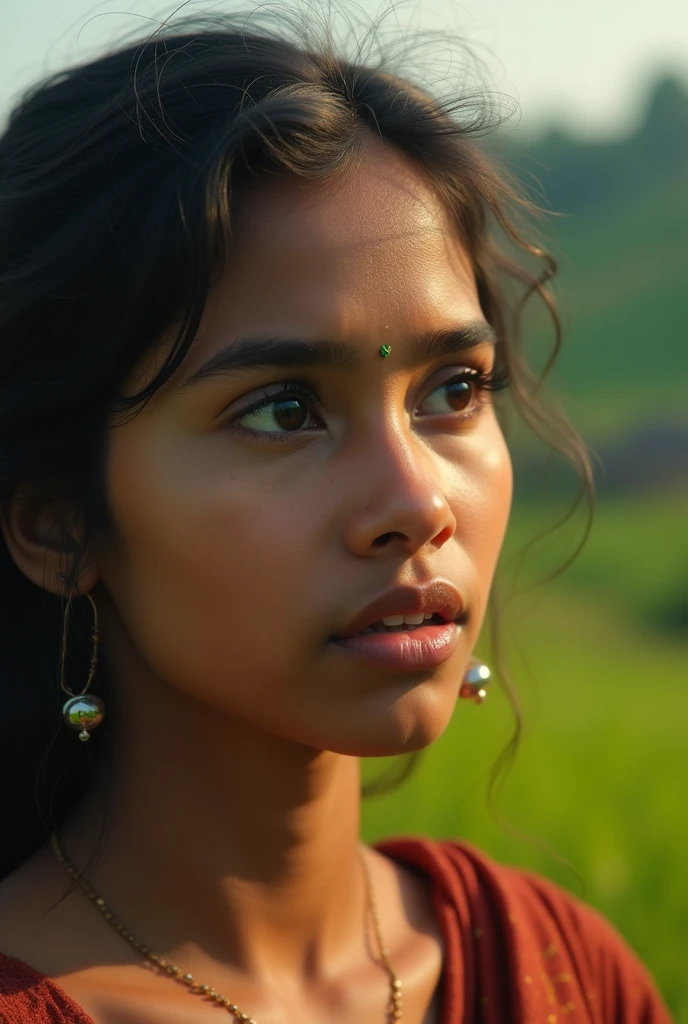 Riya's Response: A close-up of Riya with a questioning look, one eyebrow slightly raised, as she asks Amit if he is serious or just joking. The background shows the lush green village landscape, emphasizing the intimacy and personal nature of their conversation.
Bangladeshi