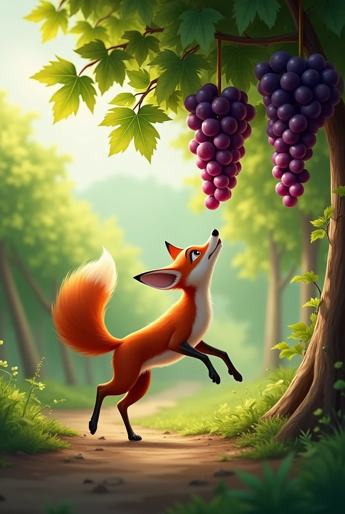 The fox took a few steps back and ran and jumped towards the grapes
