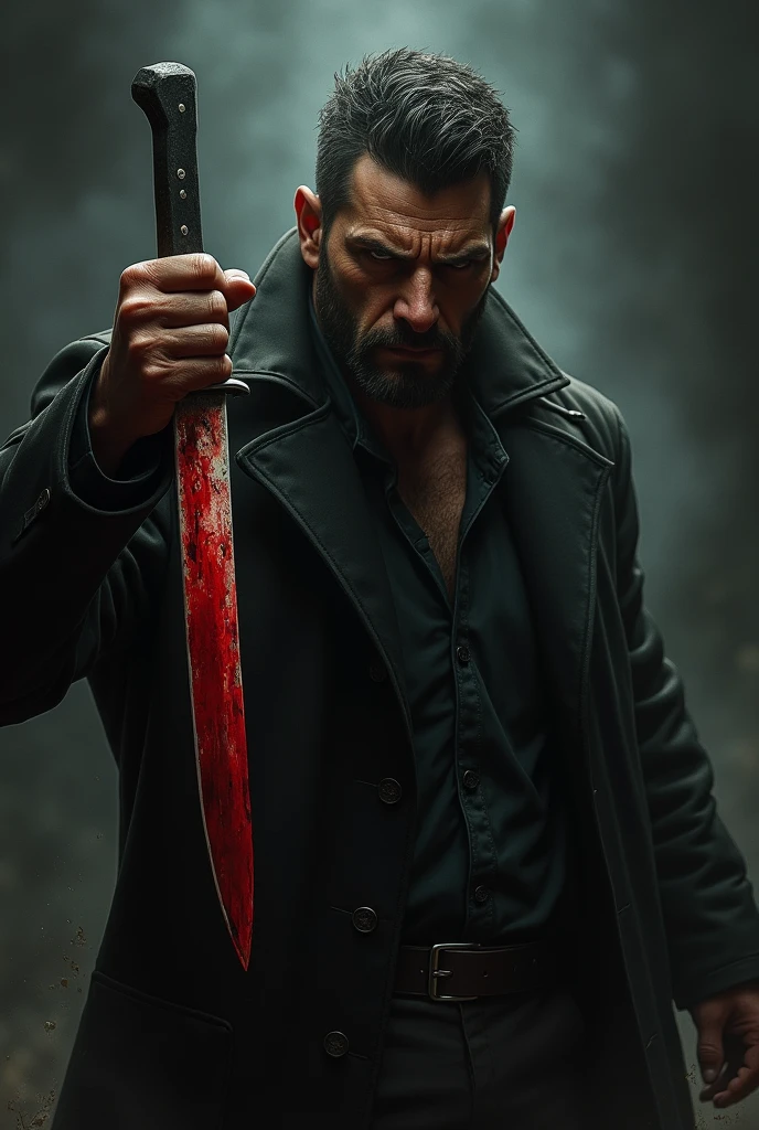 Make a man with a knife with blood with a serious face