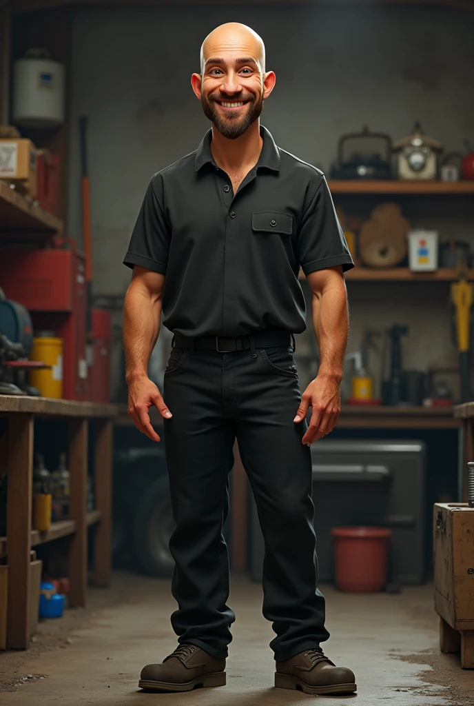 Tall man, shaved hair very short, big smile, brown hair and beard and untanned skin, with a mole on his cheek and a receding hairline, standing full-length in a truck workshop dressed in black, skinny body without definition