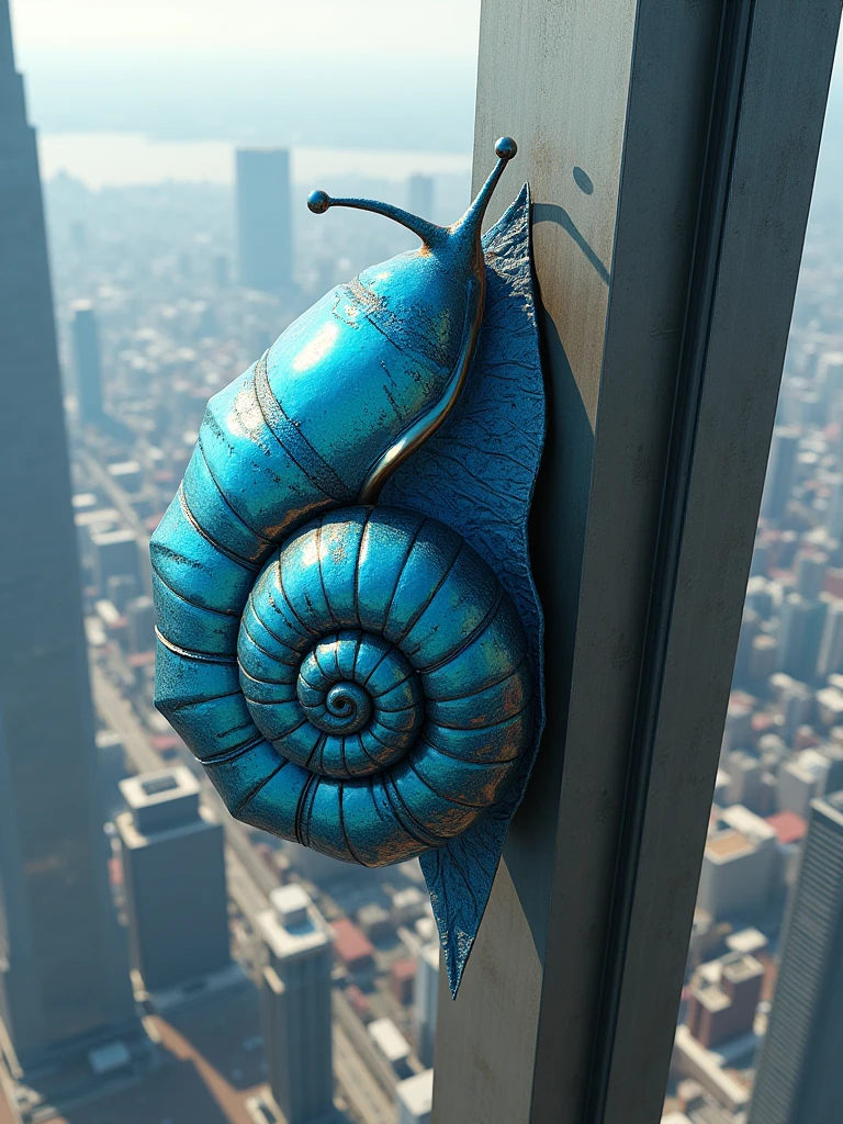 a blue giant snail with a triangle shape shell and crab eyes climbing a tall building