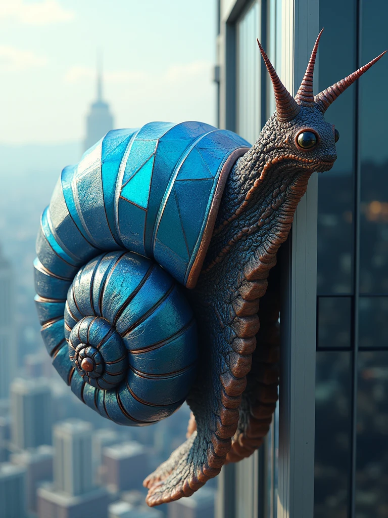 a blue giant snail with a triangle shape shell and crab eyes climbing a tall building