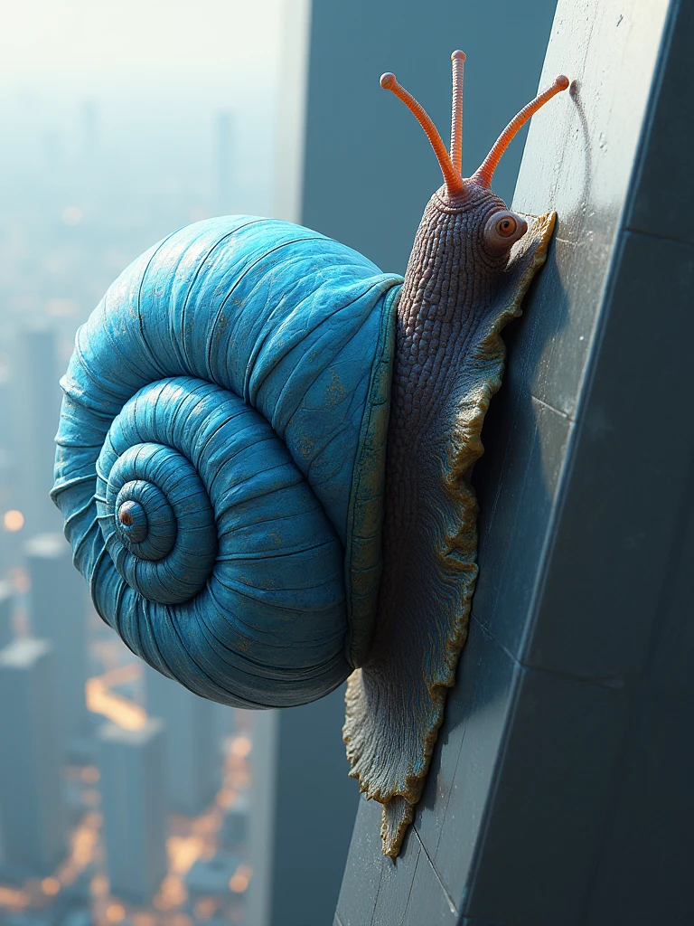 a blue giant snail with a triangle shape shell and crab eyes climbing a tall building