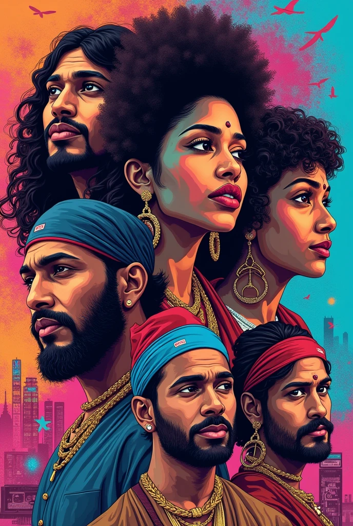 Aesthetic collage pics with vibrant tons of attractive  images  of tamil English kannada and Hindi hiphop in 80s 
