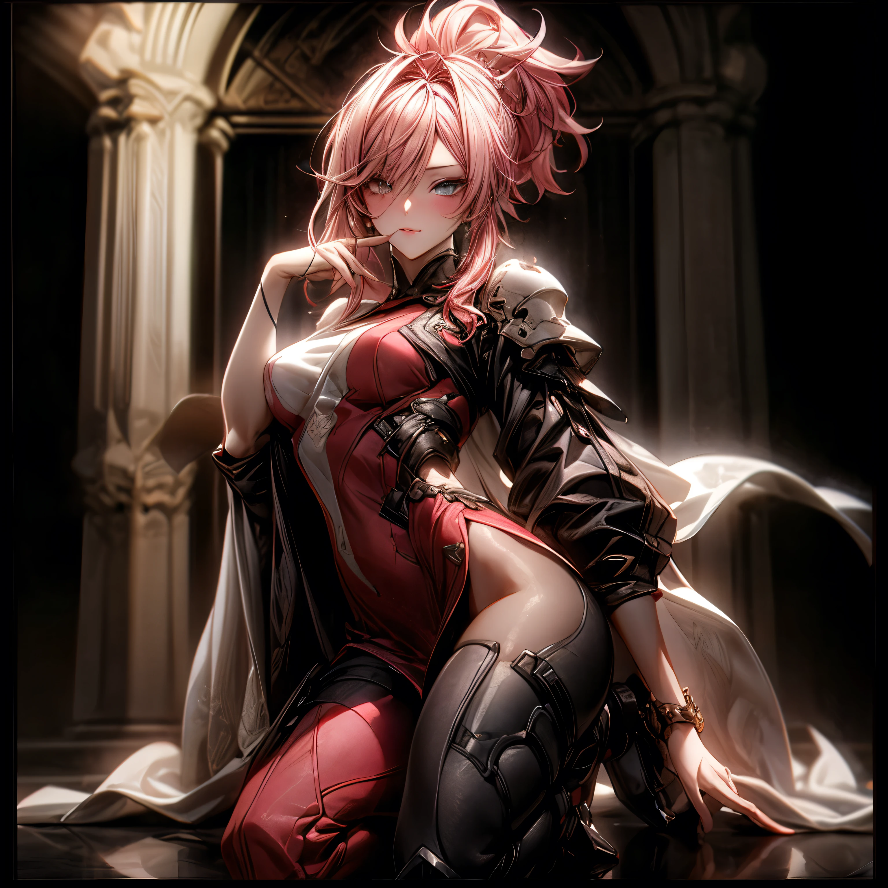 (best quality)), ((Masterpiece)), (details:1.4), 3d, HDR (high dynamic range), an image of a beautiful cyberpunk female, fantasy, Cyberpunk, Medieval, pink hair, High ponytail, Full body, Beautiful white eyes, จมูกโด่ง, ปากแดง, หน้าอกใหญ่, nvidia RTX, PBR surface, After processing, Anisotropic filtration,depth of field, Maximum clarity and clarity, multi-layered surface, Subsurface scattering, perfect proportions, 8K raw files, ultra detailed, Perfect proportions, volumetric lighting, soft lighting, Holy Paladin, Heavy red Armor, Red dress, glossy skin, intricate silver embroidery, Tower background, jewely, ต่างหู, นิ้วมือสมบูรณ์,