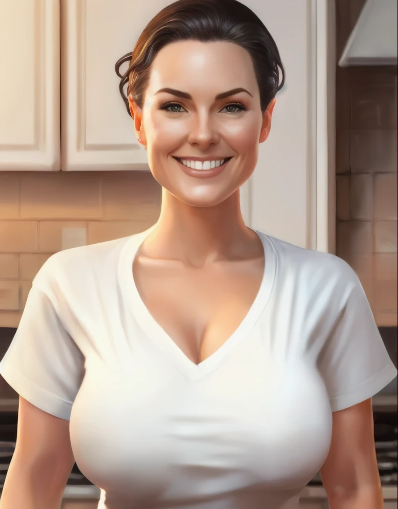 hyper realistic 30 year old woman, hair pulled up, beautiful, sultry, provocative, large breasts, nipples show through white t-shirt, she is smiling, looking at camera, standing in the kitchen.  