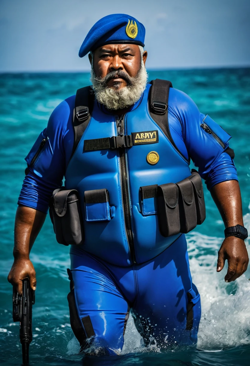 (a dark-skinned bearded fat chubby old man in a bulky blue zipper diver suit) patrolling in the sea, carrying a gun and (wearing army beret), muscular, Basuki Abdullah, sumatraism, action-packed atmosphere, a character portrait, heroic, fierce expression, angry, dramatic shadows and intense highlights, cinematic color tones, high detail, professional, best quality image, angry