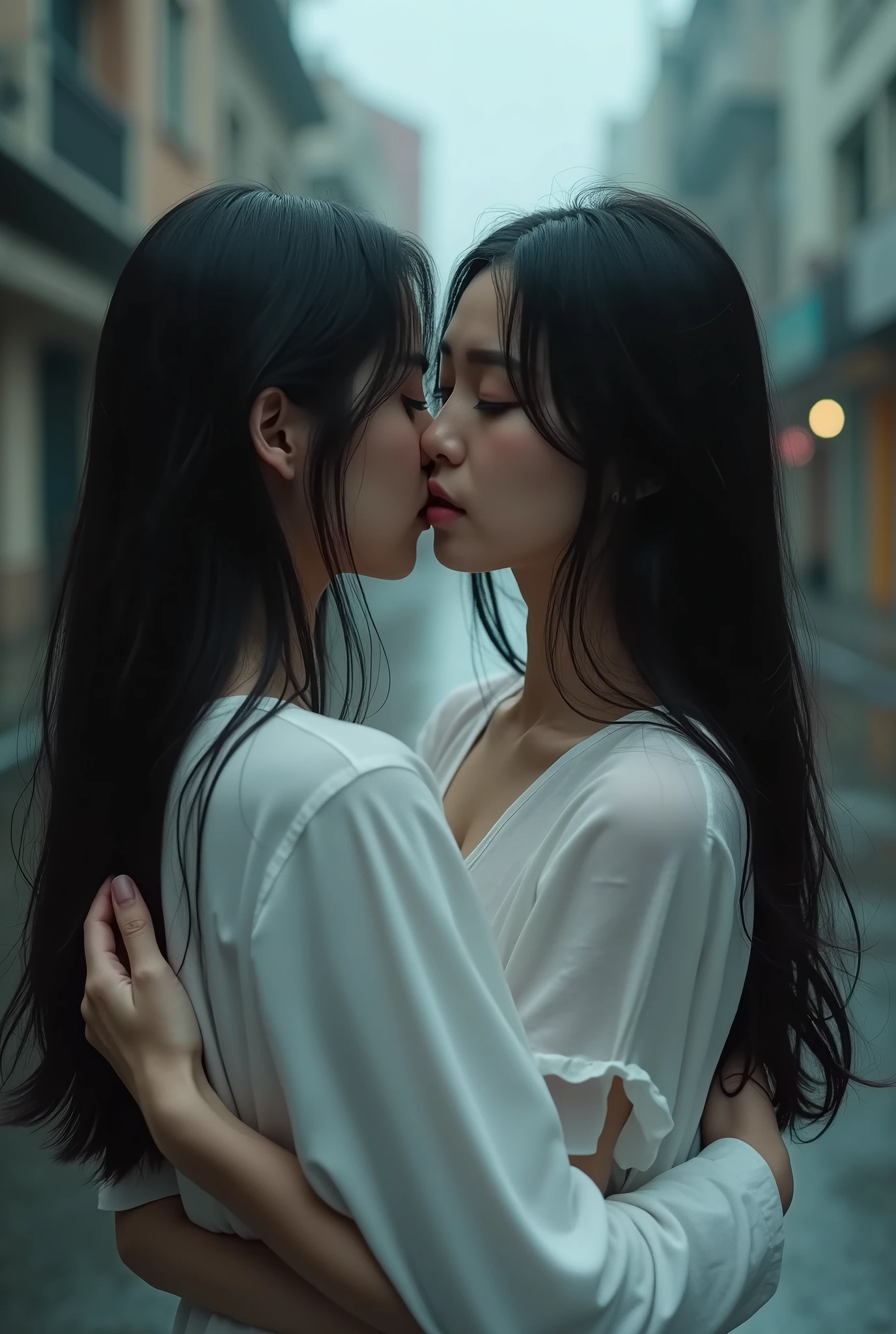Identical twin sisters hugging each other、Waist-length hair 30yo korean woman at a rainy road city, (Waist-length hair:1.8), I&#39;m looking for a viewer wearing a white open-neck shirt.. barefoot. Wet Skin. Realistic Skin Style, Detailed skin pores. Black and dark、Very long、Messy and、Stylish slicked back hair, Poreless skin and natural makeup, Long, black hair、Casually、But stylishly. Dim background, Gloomy rainy day, Vignette, ドラマチックな自然なatmosphereの照明, Cinema Lighting, Powerful backlight and rim light, 奥行き感とatmosphereを醸し出す, Add texture with bokeh highlights and film grain. Color Scheme: muted, A desaturated color palette with deep shadows and warm highlights, evoking a sense of nostalgia and melancholy. atmosphere: 謎と陰謀のatmosphere, With signs of tension and anticipation. action: Woman caught in mid-motion, Her body was contorted in graceful yet powerful ballet poses., Her muscles tensed、The expression was intense. object: Some props, Worn-out ballet barres and discarded pointe shoes, Increases the sense of authenticity and history.