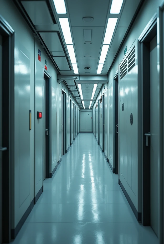 Spaceship internally, bedroom corridor, ambient lighting is damaged, but the environment is not dirty, on the contrary, it is very clean