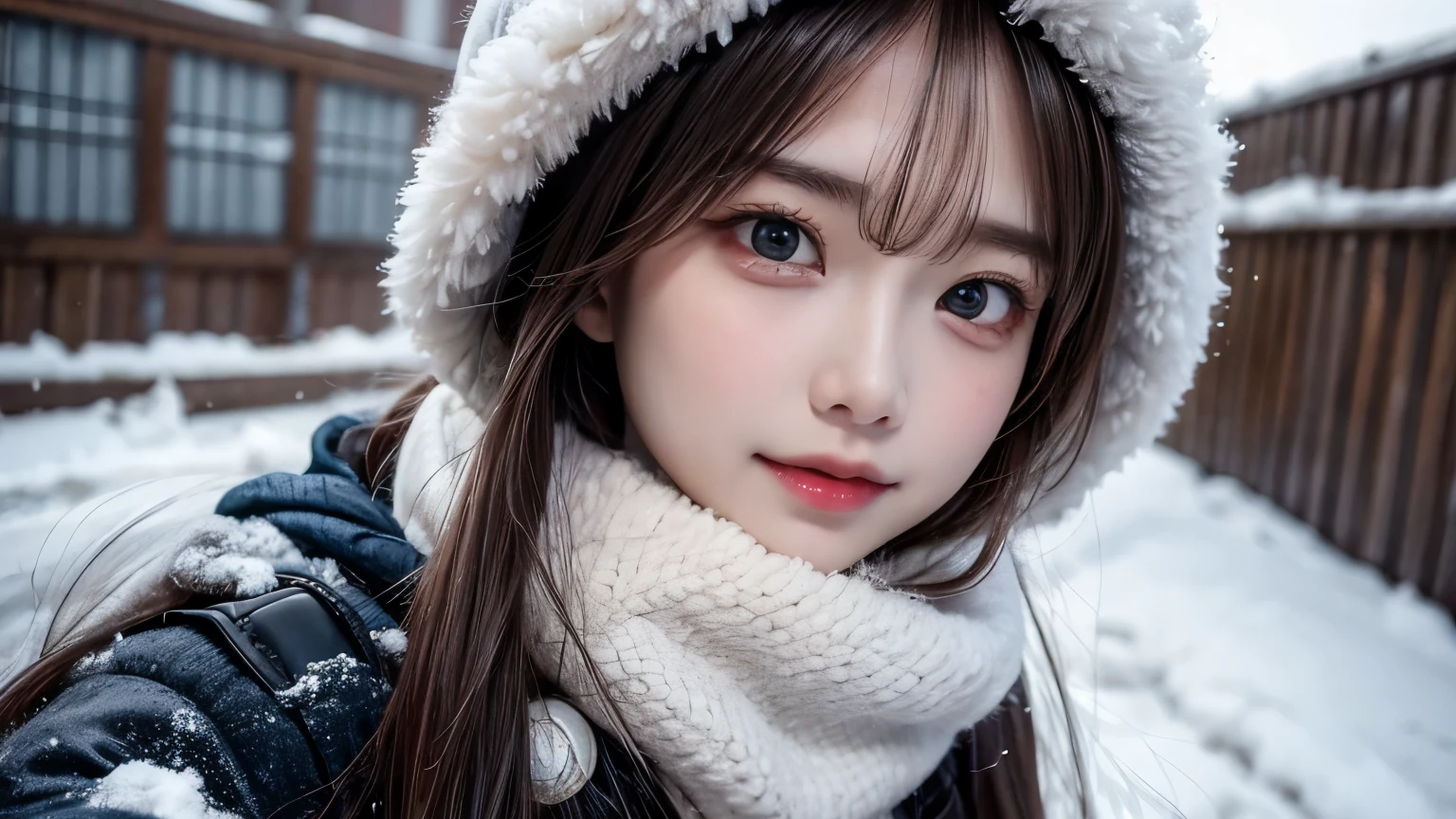 (Highest quality: 1.5), (masterpiece: 1.2), (Realistic: 1), 4K, (RAW Photos: 1.1), 1 person, Baby Face, 20-year-old, Looking at the audience, Black Hair, Icelandic, snow, ice, cold, Eskimo, Portraiture, winter, gloves, scarf, close your eyes, smile, cute, Upper Body, snow piled up, Wide Shot,