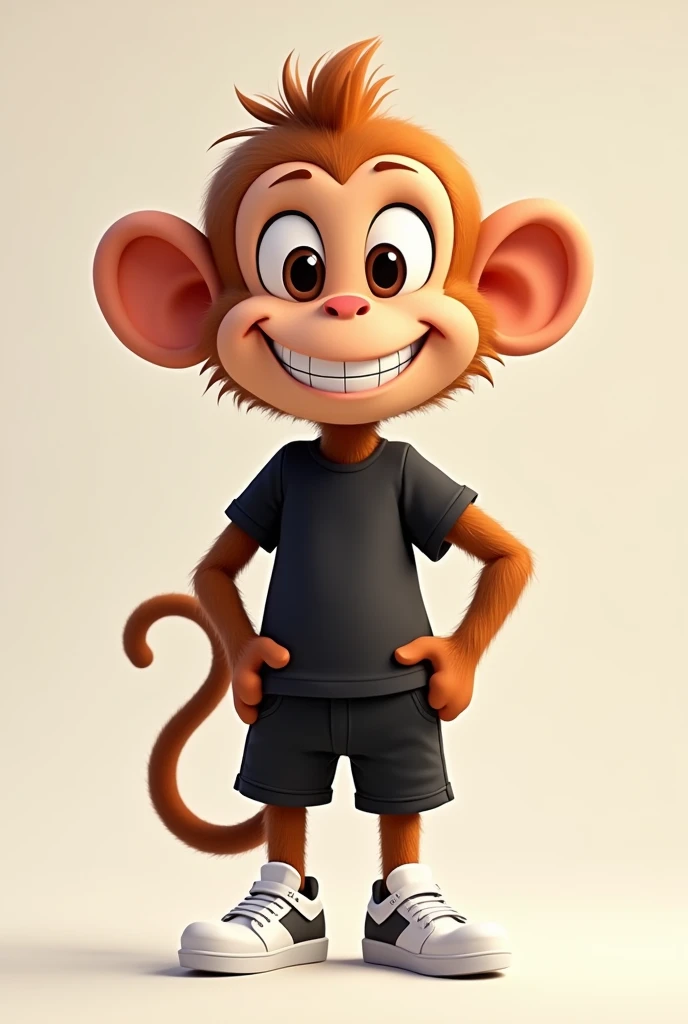 Create an animation style drawing of a monkey wearing a black shirt and black shorts and white sneakers