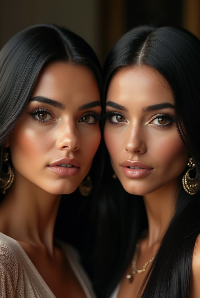 2 arabic woman, glamorous gaze, straight dark hair, long eyelashes, small nose, roundish-almond eyes shape, heart face shape, round eyebrows, hyper realistic, photorealistic, close up, studio lightening
