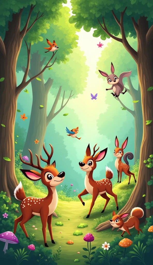 Animals are happy in the middle of the forest cartoon