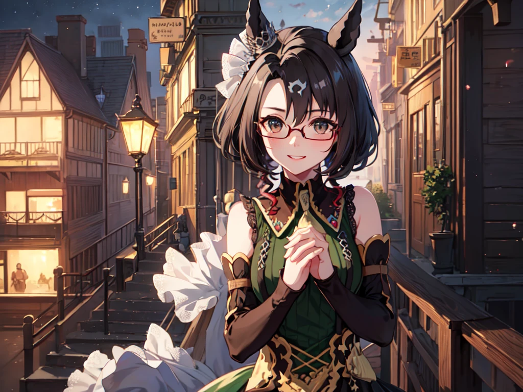 Masterpiece, high quality, 4K, HDR、upper body shot、Chest centered。Cool horse ears beauty、smile、looking at the camera。Brown Eyes、Pink Lipstick、Glamorous Body。Red glasses、Shoulder less、Casual clothes。Bend your knees、Place your hands on your chest and waist。Night starry sky、Ruins at night。