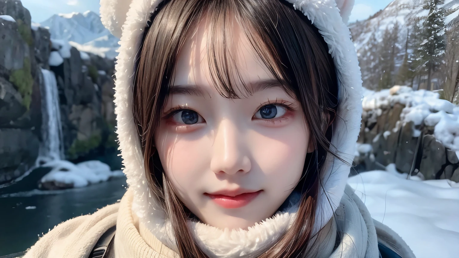 (Highest quality: 1.5), (masterpiece: 1.2), (Realistic: 1), 4K, (RAW Photos: 1.1), 1 person, Baby Face, 20-year-old, Looking at the audience, Black Hair, Icelandic, snow, ice, cold, Eskimo, Portraiture, winter, gloves, scarf, close your eyes, smile, cute, Upper Body, snow piled up, Wide Shot,