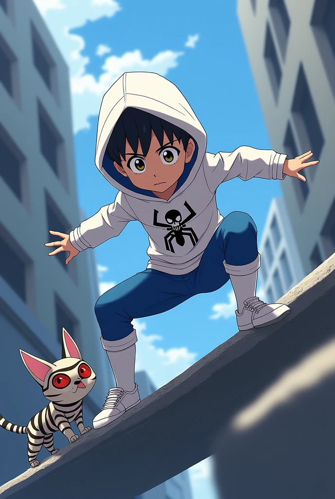 A child, he is dressed in an outfit somewhat similar to Spider-Man's, only his color is white with blue and his spider symbol has a skull with eight legs and he has a hood, he is crossing a wall and next to him there is an electric cat spider, the cat spider is a very cute striped spider, they are in a building, the image has to be in anime.