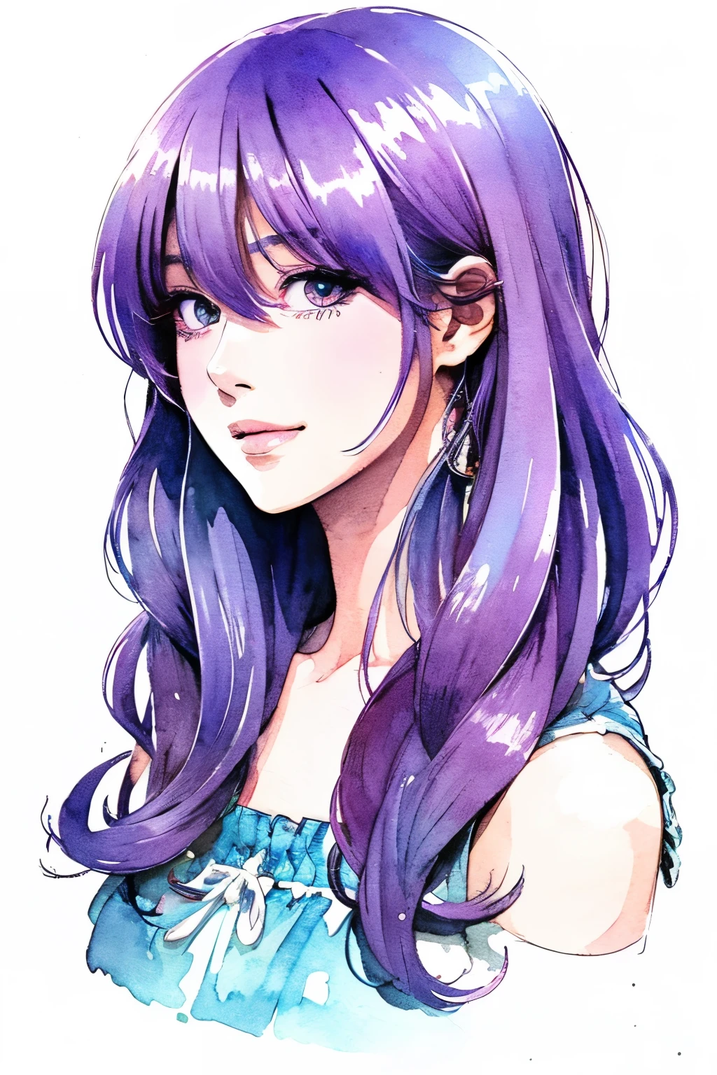 Watercolor、(Illustration style)、(Showa Anime)、Woman looking this way、(highest quality)、Stylish, detailed background、Medium length Hair, purple hair color
