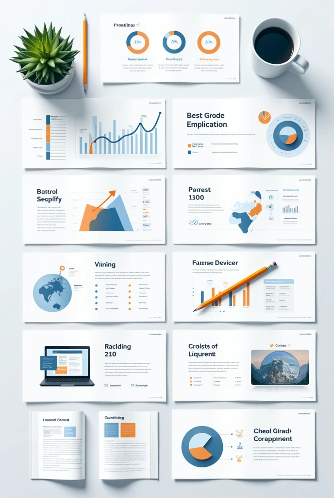 create an image for a presentation sheet, that includes, statistics graphs, computer, calculator, pencil and other office work objects create it horizontally