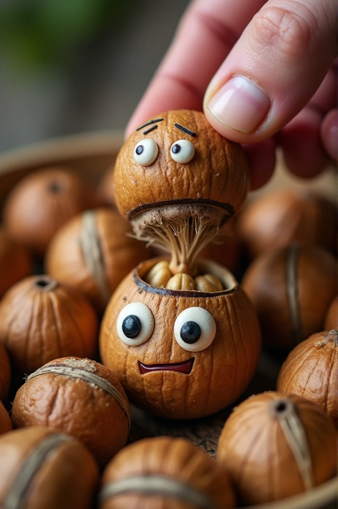 Une main utilise un casse-noisette pour casser une noix hurlant sur un bol de noix. The nut is cracked exposing its brain. Chaque noix dans le bol a des yeux et une bouche et regarde le casse-noisette avec des regards d'horreur sur leur visage. The nuts overlap and touch each other. realistic textures, closeup headshot, Seen from above, macrophotographie