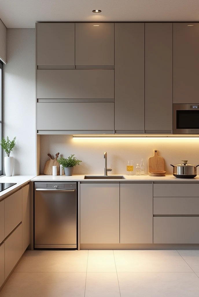 Thiết kế 3D phòng kitchen có dàn kitchen chữ L, Opposite the glass door from left to right is the dishwasher., sink , open door cabinet. Next door is the machinery area., kitchen, Below is the cabinet system.