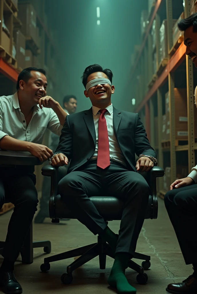 Malaysia malay handsome 19 years celebrity
His handcuff  in warehouse 
Blindfolded
Black Suit and Red tie
feet on desk
feather
shoes on desk 
5 toes each feet 
Green sock
Smock effect smelly sock
2 man under his feet
1 man take off  his socks
1  man holding feather tickle his feet 
He laugh very hard
