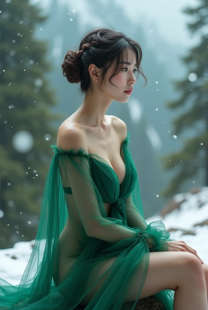 A naked Asian Princess woman in an open front facing emerald tulle dress wearing sunglasses, sitting on a down on a rock in snowy mountains, young and beautiful, with large breasts, detailed face and hand detail, short brown hair, dark eyes, forest guardian, conifer forest in the background, snow falling, large, full body shot, ((masterpiece, highest quality, Highest image quality, High resolution, photorealistic, Raw photo, 8K, Extremely detailed CG unified 8k wallpaper)), (huge stunning goddess shot, very hot and sexy, jaw-dropping beauty, perfect proportions, beautiful body, slim body beauty:1.4),