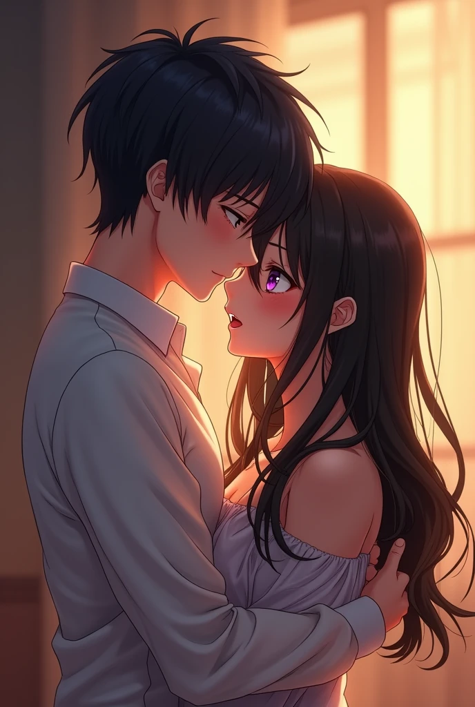 (photorealism:1.2) Anime boy with purple eyes and black hair hugging his girl with black hair and brown eyes 

 