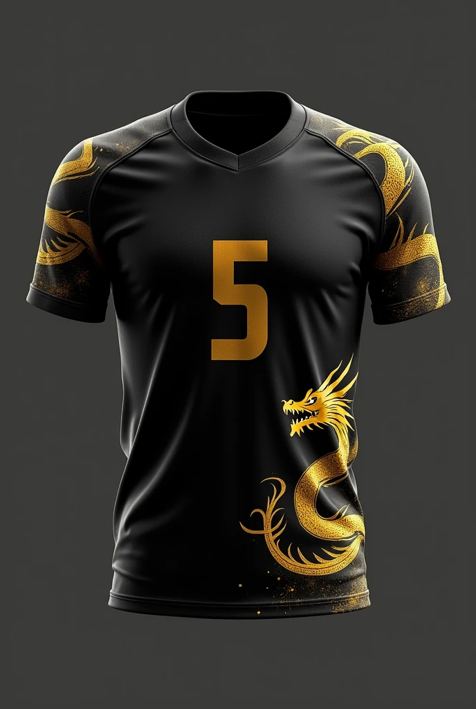 Design a high school Olympics sports jersey featuring a minimalist dragon motif. The jersey is predominantly black, with a stylized golden dragon wrapping around the lower right side, its body extending upward in a fluid, abstract manner. The dragon's head points toward the chest area, with its eyes glowing in gold. The player number is large and centered in a gold font. The sleeves have a subtle golden claw mark on each side, adding a fierce touch.