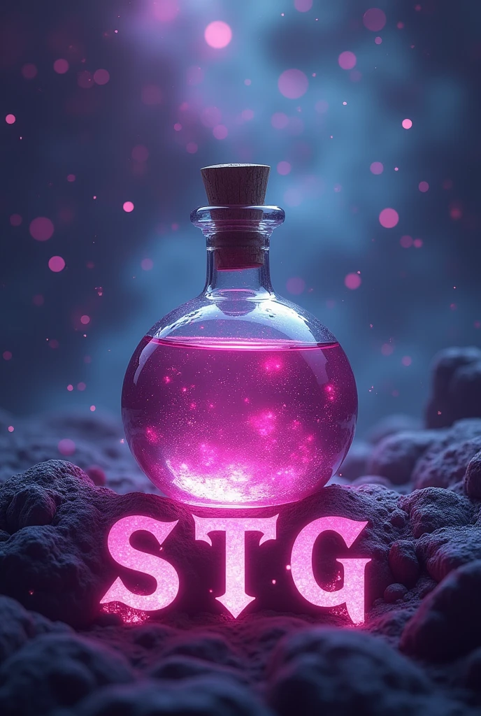 A potion with pink liquid, with universe background with purple and dark blue gradient, with 3 large letters in CAPSLOCK medieval font written Stg below the potion and also written above the potion Strength Through Grit with the same font as STG