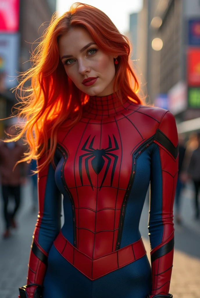 redhead woman in spider woman outfit