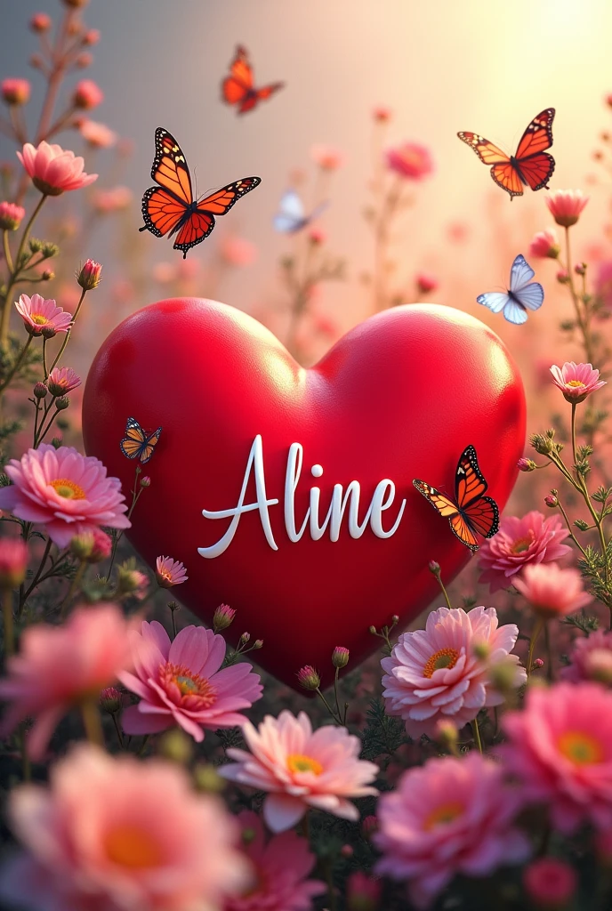 image of several butterflies and flowers overlapping the name, aline, inside a red heart, with large font.