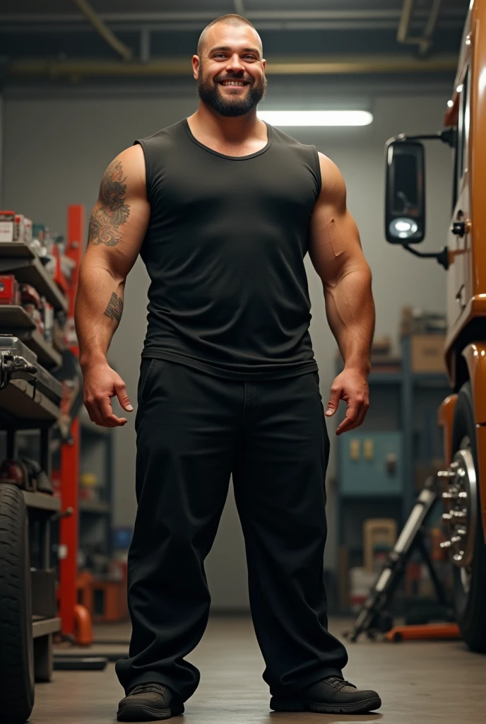 Tall man, shaved hair very short, big smile, brown hair and beard and untanned skin, with a mole on his cheek and a receding hairline, standing full-length in a truck workshop dressed in black, Fine body