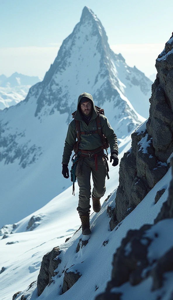 A determined individual climbing a steep mountain with their gaze fixed firmly on the peak, refusing to give up despite the challenging ascent.