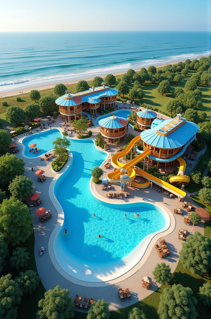 an Aqua Park with a slide and wave pool, large swimming pool, slow river, water-related games, and a themed restaurant with parking
in a plot of 11430m² near the sea and first position of a road