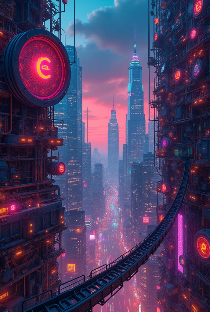 a group of colorful gears on a city skyline at night, cyberpunk vibrant colors, colorful sci-fi steampunk, dreamy colorful cyberpunk colors, gears and lights, intricate abstract. cyberpunk, cyberpunk art style, detailed cyberpunk illustration, colorful dystopian futurism, inspired by Dan Mumford, cyberpunk themed art, highly intricate in technicolor, great digital art with details.