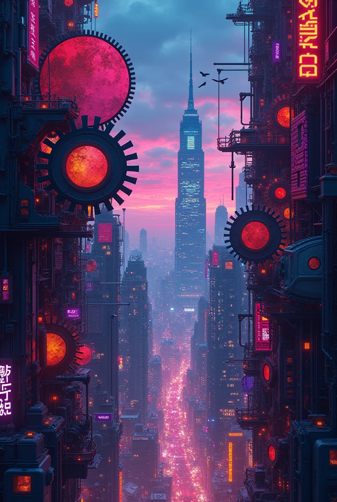 a group of colorful gears on a city skyline at night, cyberpunk vibrant colors, colorful sci-fi steampunk, dreamy colorful cyberpunk colors, gears and lights, intricate abstract. cyberpunk, cyberpunk art style, detailed cyberpunk illustration, colorful dystopian futurism, inspired by Dan Mumford, cyberpunk themed art, highly intricate in technicolor, great digital art with details.