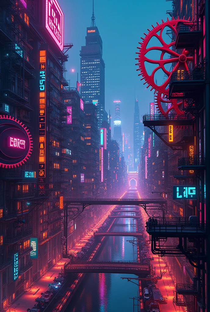 a group of colorful gears on a city skyline at night, cyberpunk vibrant colors, colorful sci-fi steampunk, dreamy colorful cyberpunk colors, gears and lights, intricate abstract. cyberpunk, cyberpunk art style, detailed cyberpunk illustration, colorful dystopian futurism, inspired by Dan Mumford, cyberpunk themed art, highly intricate in technicolor, great digital art with details.