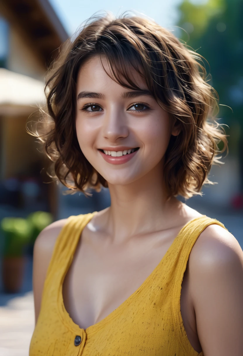 a beautiful girl with short curly brown hair,smiling,,dressed in a yellow sundress,brown eyes,(best quality,4k,8k,highres,masterpiece:1.2),ultra-detailed,(realistic,photorealistic,photo-realistic:1.37),HDR,UHD,studio lighting,ultra-fine painting,sharp focus,physically-based rendering,extreme detail description,professional,vivid colors,bokeh,pixel art,scenary