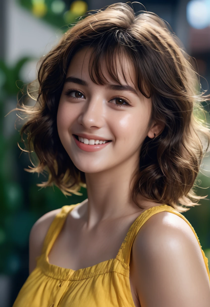 a beautiful girl with short curly brown hair,smiling,,dressed in a yellow sundress,brown eyes,(best quality,4k,8k,highres,masterpiece:1.2),ultra-detailed,(realistic,photorealistic,photo-realistic:1.37),HDR,UHD,studio lighting,ultra-fine painting,sharp focus,physically-based rendering,extreme detail description,professional,vivid colors,bokeh,pixel art,scenary