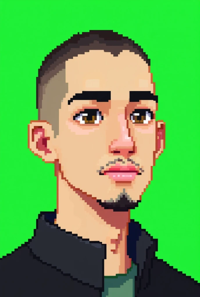 A young Caucasian adult with very light skin in pixel art style, he has black shaved hair, brown eyes and a stubble and has a green background behind him