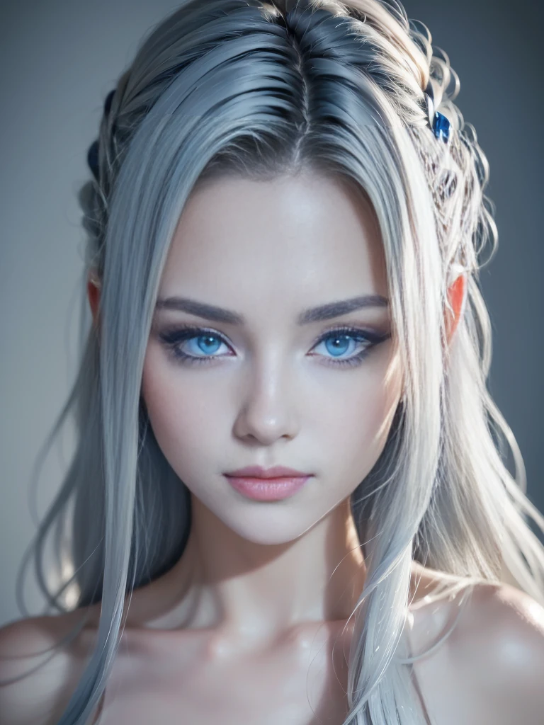 8k, (full body shot:1.2), 20-year-old swedish girl, raw, Beautiful woman, (straight gray hair), (intricate sheer transparent translucent clothes, barely clothed, intricate, beautifull face, elegant dress, highly detailed, shyness), intricate, beautifull face, elegant, highly detailed, digital hyperrealistic photography, hyperrealistic photography filigree, shyness, most beautyfull face, (masterpiece, sidelighting, (finely detailed beautifull blue eyes: 1.2)),