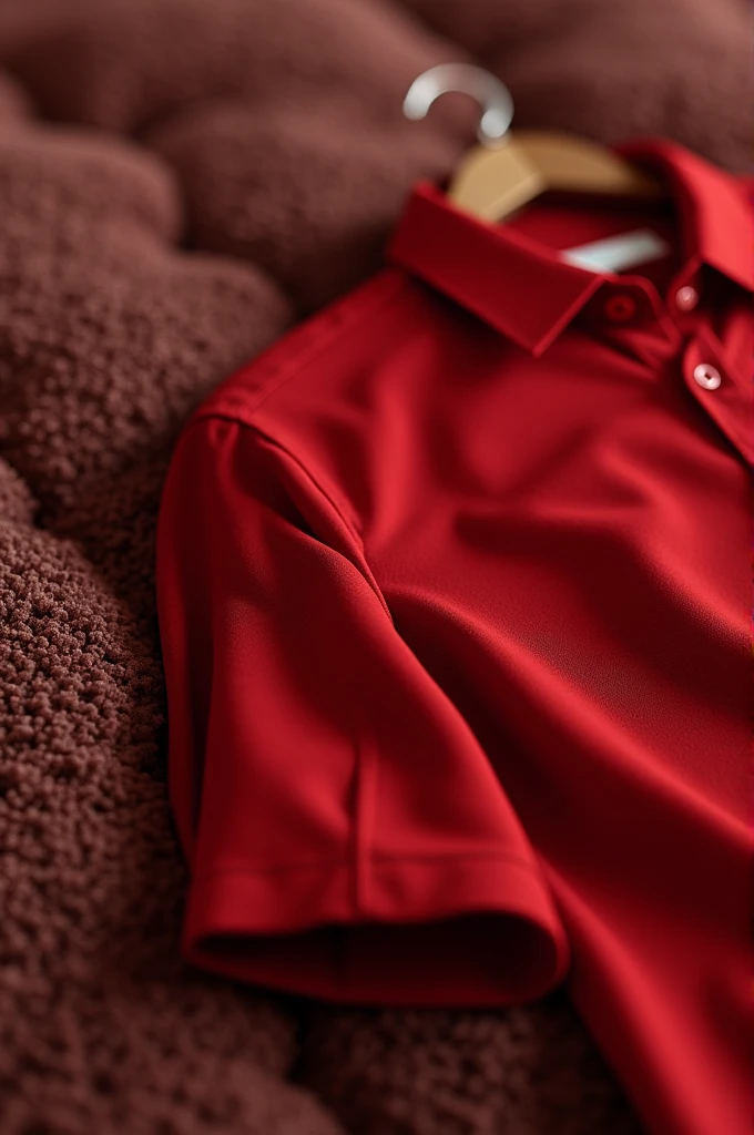 a close up of a red shirt and a wooden hanger on a carpet, maroon red, red t-shirt, in tshirt, red shirt, tshirt, garments, long sleeves, red shirt brown pants, crimson clothes, short sleeves, gradient maroon, browny, t - shirt, t-shirt, maroon mist, high quality material bssrdf